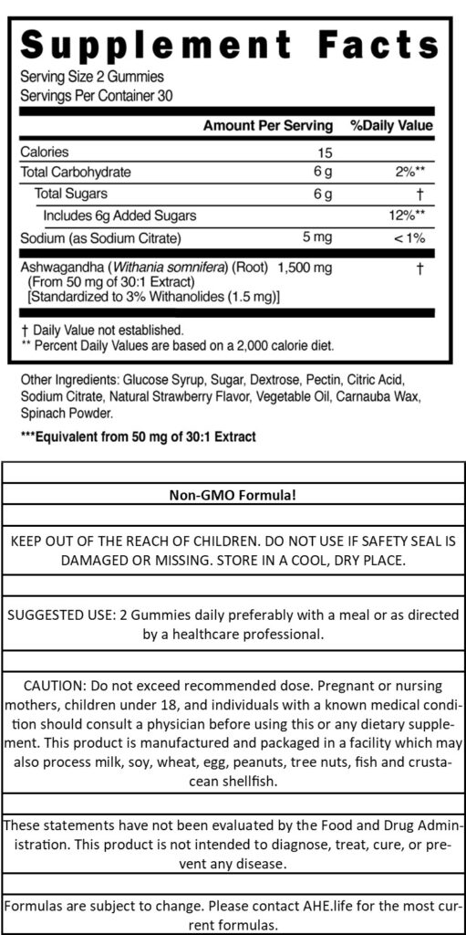 Ashwagandha Root Gummies 1,500mg*** Contains Withanolides Extract, Natural Strawberry Flavor, Leaf Shape, Natural Color