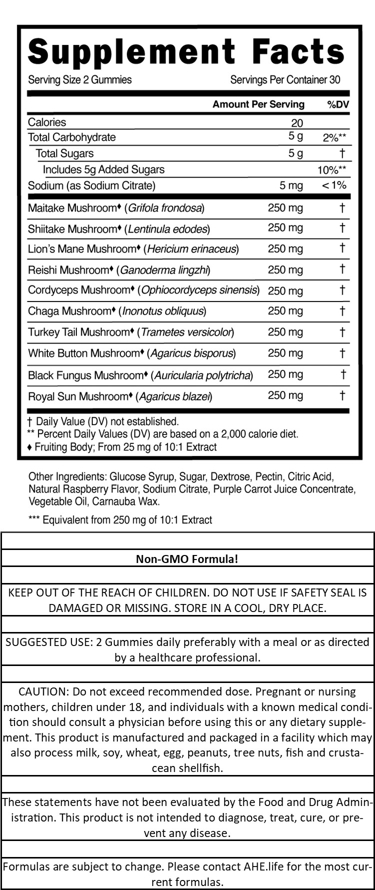 Mushroom 10-Plex 2,500mg*** Gummies with Lions Mane & 9 more Mushroom 10:1 Extracts, Fruiting Body, Natural Raspberry Flavor