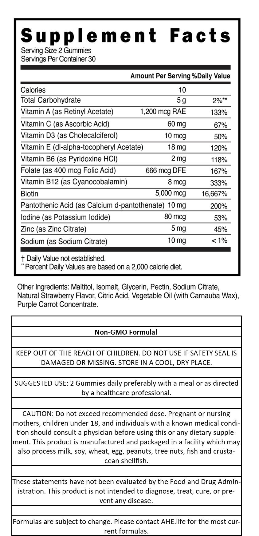 Sugar Free Hair, Skin, and Nails Gummies, Full Complex with 5,000mcg of Biotin per serving, Natural Color, Natural Strawberry Flavor, Heart Shape