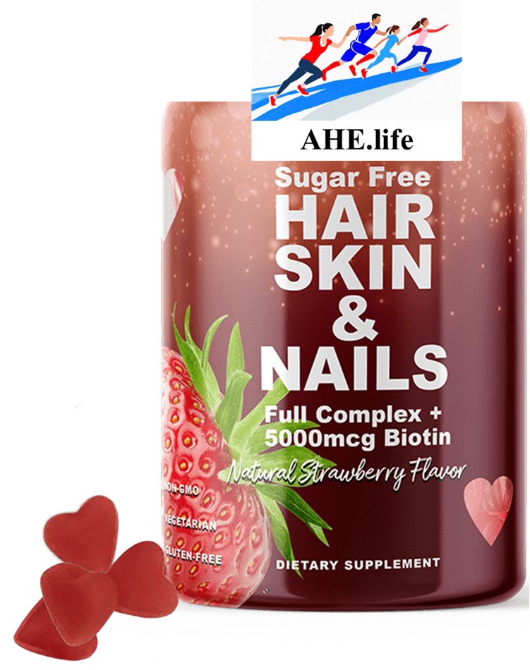 Sugar Free Hair, Skin, and Nails Gummies, Full Complex with 5,000mcg of Biotin per serving, Natural Color, Natural Strawberry Flavor, Heart Shape