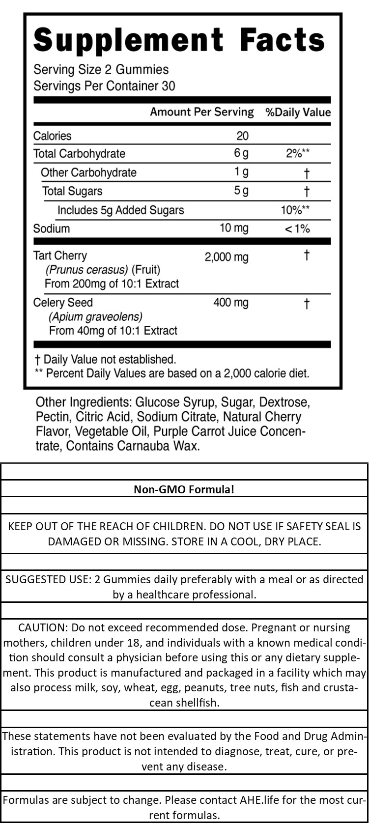 Tart Cherry Extract 2,000mg* Gummies Plus Celery Seed Extract 400mg*, Raw & Natural, Natural Cherry Flavor and Natural Colors